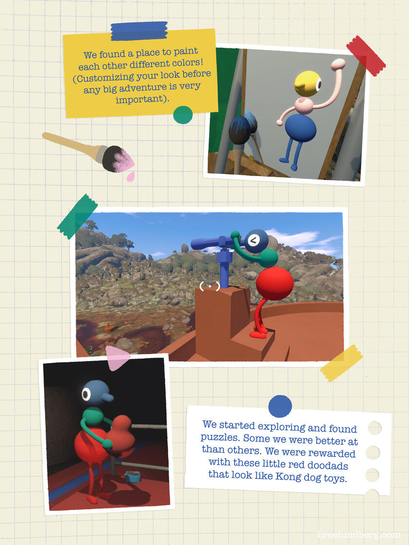 Part 1, page 2 of a digitally created page made to look like a scrapbook with screenshots from Big Walk and text about discovering puzzles and customizing our characters.
