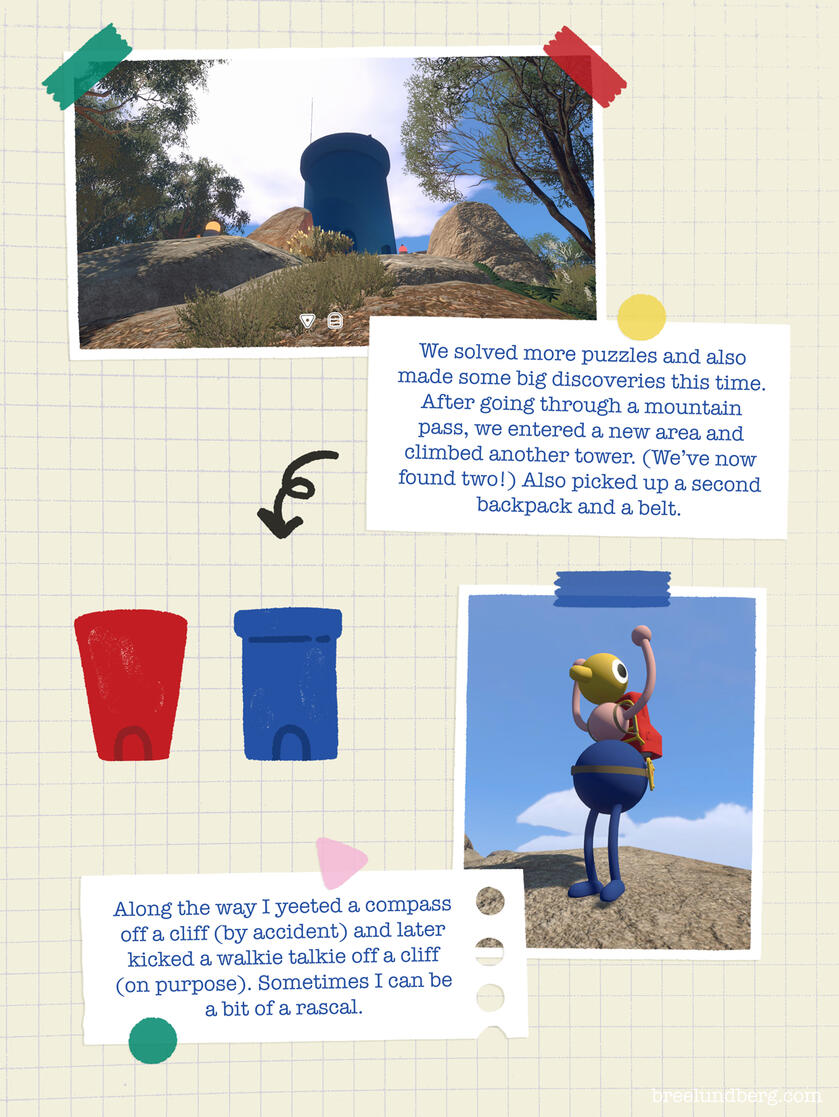 Part 3, Page 2 Part 3, page 2 of a digitally created page made to look like a scrapbook with screenshots from Big Walk and text about discovering towers and throwing items off cliffs.