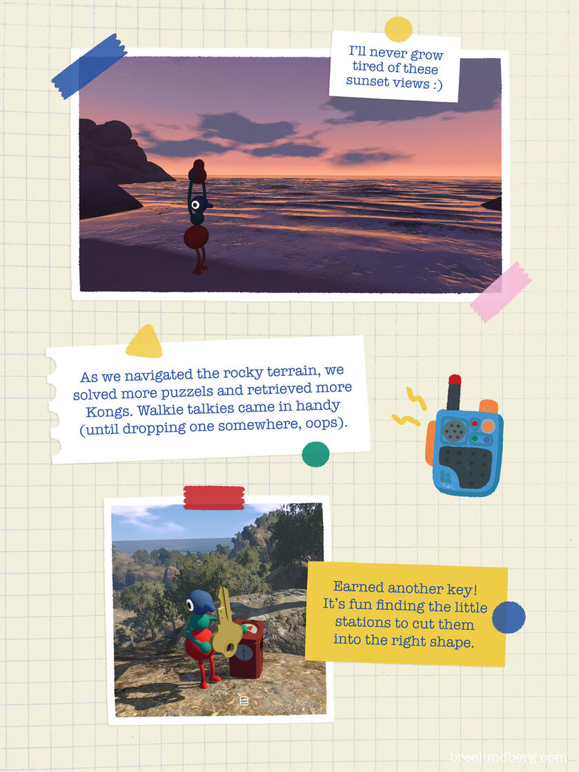 Part 2, page 2 of a digitally created page made to look like a scrapbook with screenshots from Big Walk and text about sunset views, walkie talkies, and earning keys.