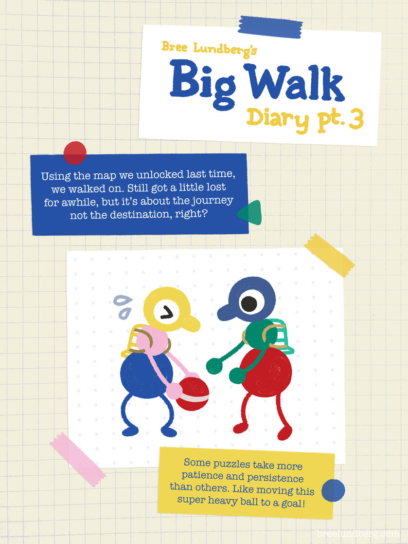 Part 3, page 1 of a digitally created page made to look like a scrapbook with illustrations of Big Walk characters and text about solving a puzzle moving a heavy ball.