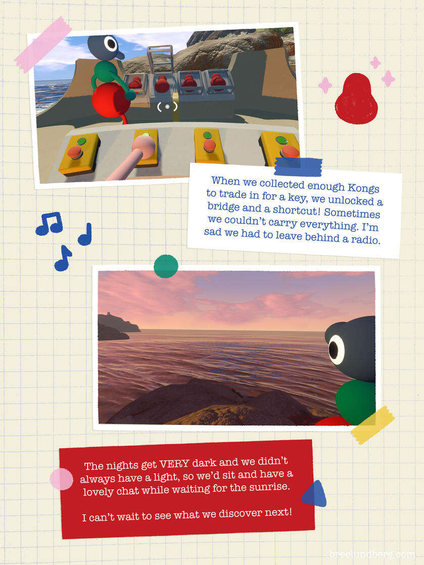 Part 1, page 3 of a digitally created page made to look like a scrapbook with screenshots from Big Walk and text about unlocking shortcuts and enjoying chill moments.