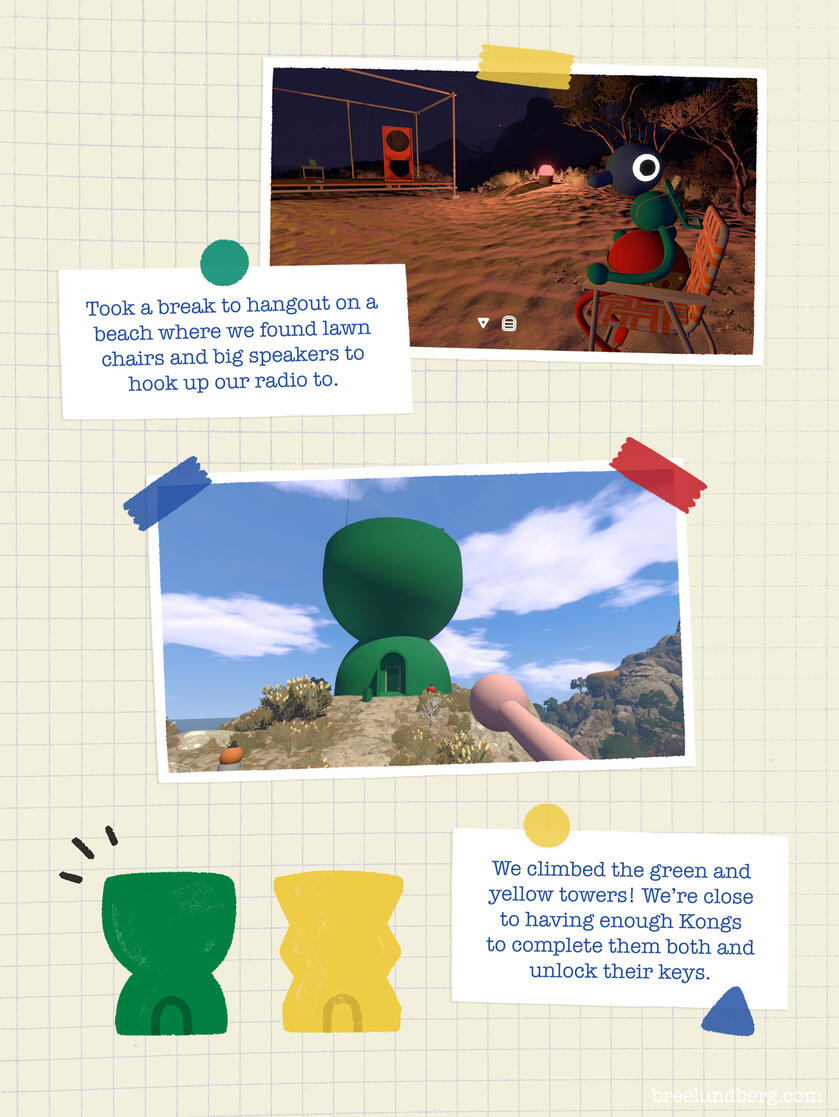 Part 5, Page 3 Part 5, page 3 of a digitally created page made to look like a scrapbook with screenshots from Big Walk and text about hanging out on the beach in lawn chairs and unlocking two new towers.