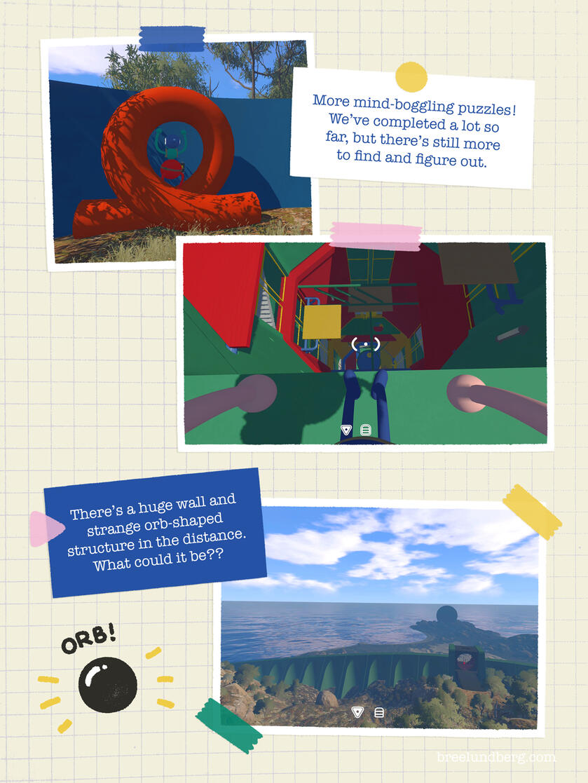 Part 5, page 3 of a digitally created page made to look like a scrapbook with screenshots from Big Walk and text about solving puzzles and seeing a big wall and strange orb-like structure in distance.