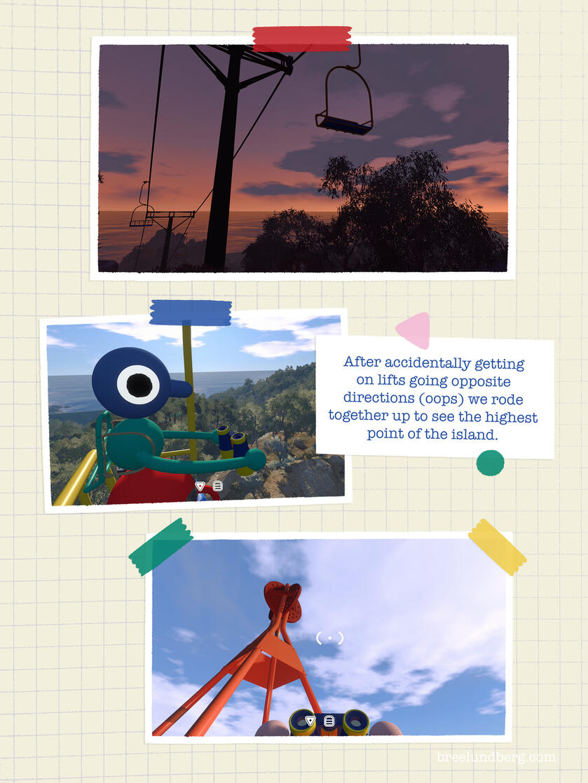 Part 6, page 2 of a digitally created page made to look like a scrapbook with screenshots from Big Walk and text about riding ski lift and getting to highest point of island.
