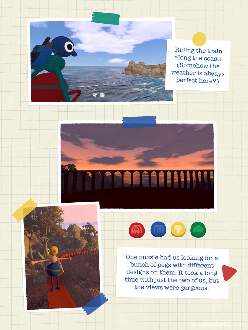 Part 5, page 2 of a digitally created page made to look like a scrapbook with screenshots from Big Walk and text about riding the train, solving puzzles, and gorgeous views.