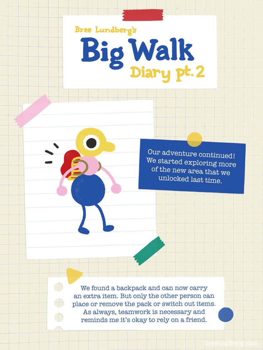Part 2, Page 1 Part 2, page 1 of a digitally created page made to look like a scrapbook with illustration of Big Walk character and text about continuing our adventure and finding a backpack.