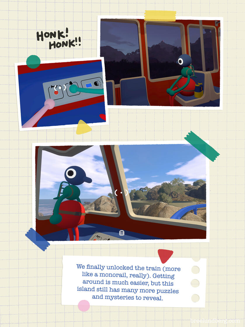 Part 4, page 3 of a digitally created page made to look like a scrapbook with screenshots from Big Walk and text about unlocking the monorail.