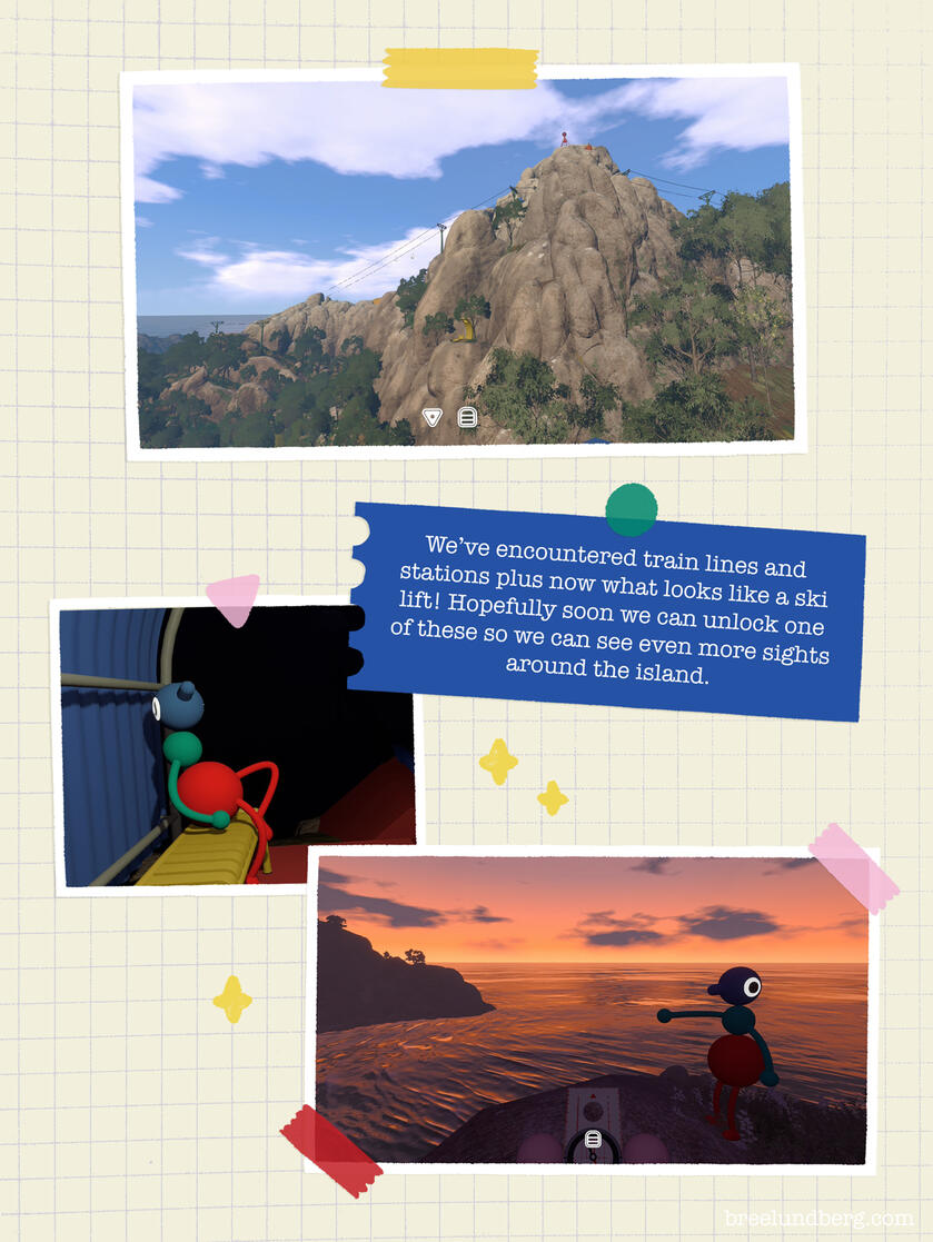 Part 3, page 3 of a digitally created page made to look like a scrapbook with screenshots from Big Walk and text about finding train stations and ski lifts.