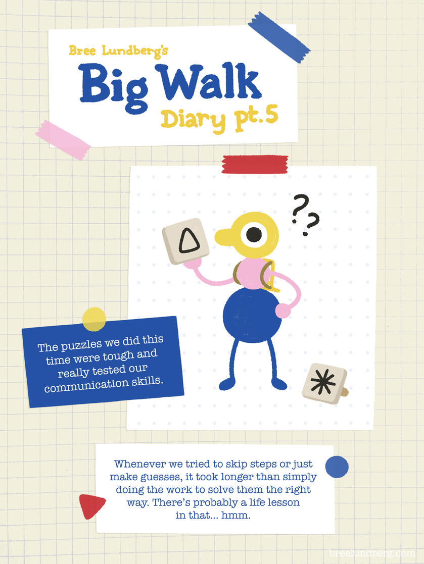 Part 5, page 1 of a digitally created page made to look like a scrapbook with illustrations of Big Walk character and text about how challenging the puzzles were this time and trying to skip steps or guess answers is harder than just solving it right way.