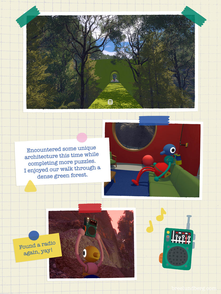 Part 4, Page 2 Part 4, page 1 of a digitally created page made to look like a scrapbook with screenshots from Big Walk and text about finding unique architecture, fun puzzles, and a new radio.