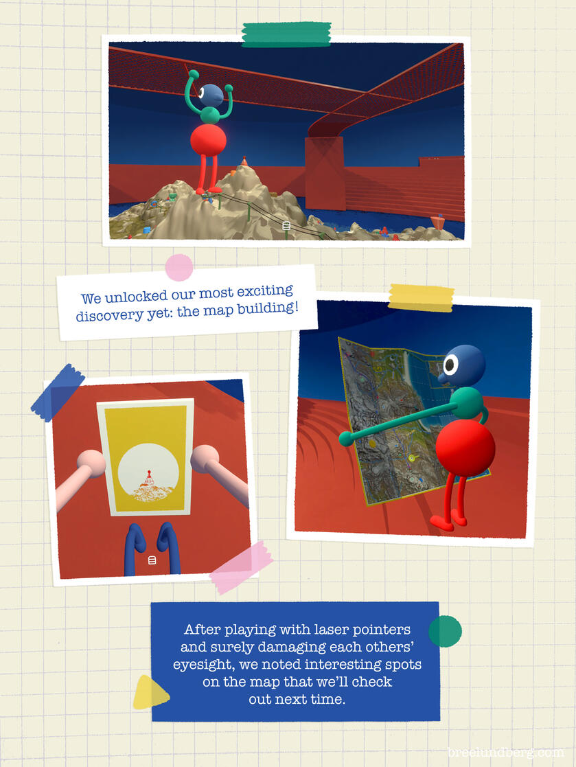 Part 2, Page 3 Part 2, page 3 of a digitally created page made to look like a scrapbook with screenshots from Big Walk and text about discovering the map room.