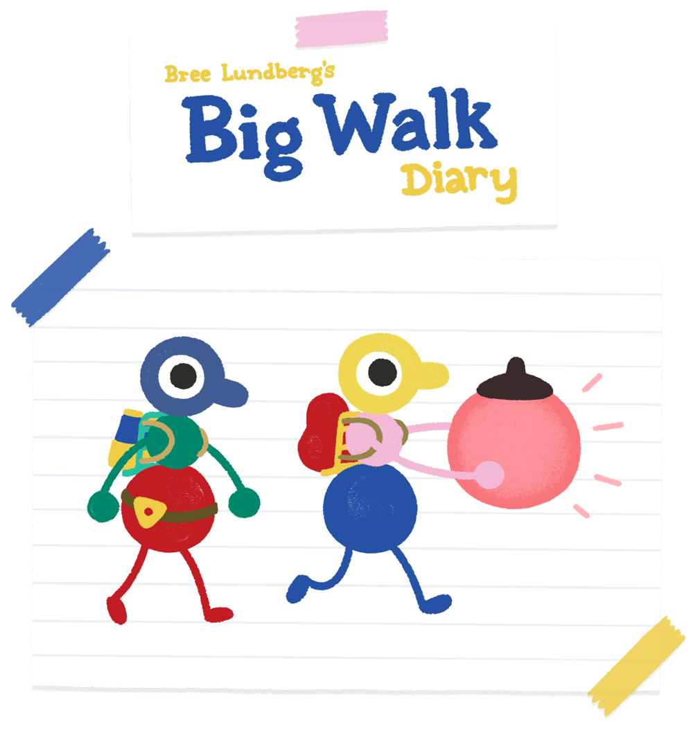 Bree Lundberg's Big Walk Diary Two illustrated characters from Big Walk carrying a round light.